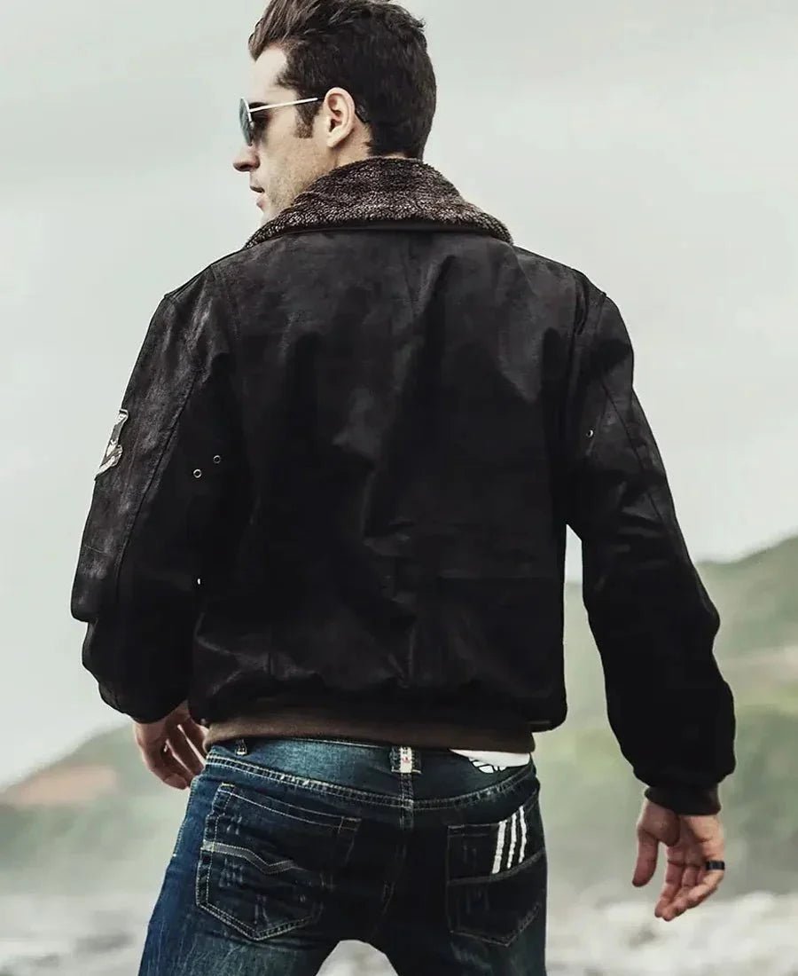 Mens Dark Brown Aviator Bomber Leather Jacket with Fur collar - Vox Leather
