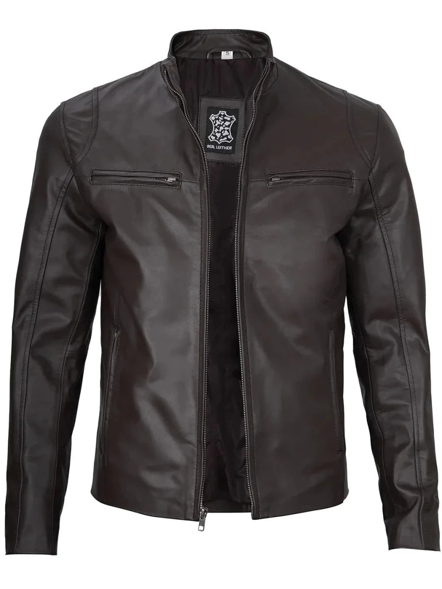 Men's Dark Brown Cafe Racer Leather Jacket - Vox Leather