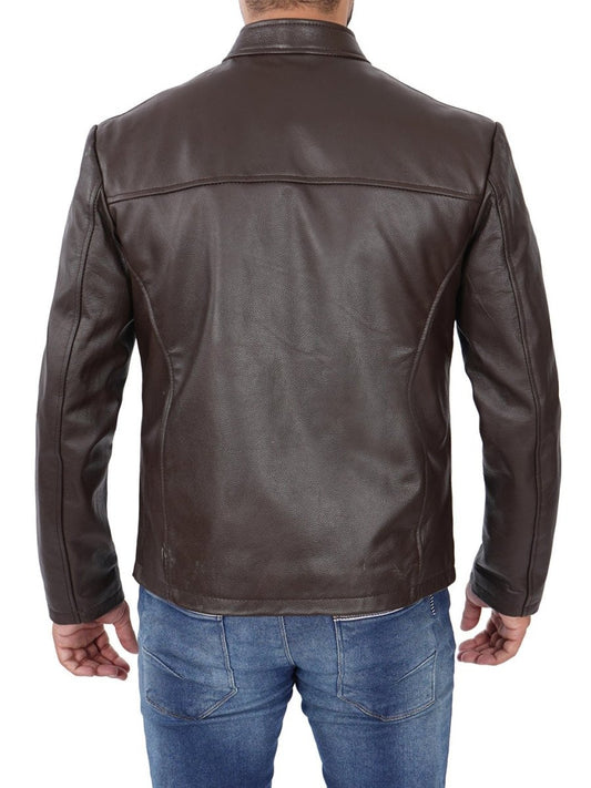 Mens Dark Brown Cowhide Cafe Racer Leather Jacket - Vox Leather