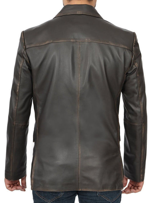 Mens Dark Brown Rub Off Leather Blazer - Vox Leather