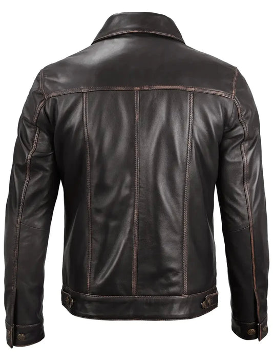 Men's Dark Brown Trucker Leather Jacket - Vox Leather