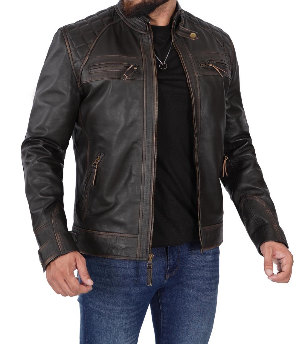 Men's Distressed Brown Cafe Racer Leather Jacket - Vox Leather
