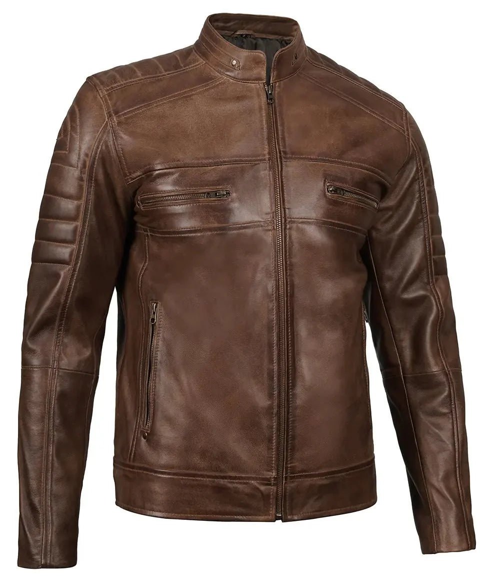 Men's Distressed Coffee Brown Leather Cafe Racer Jacket - Vox Leather
