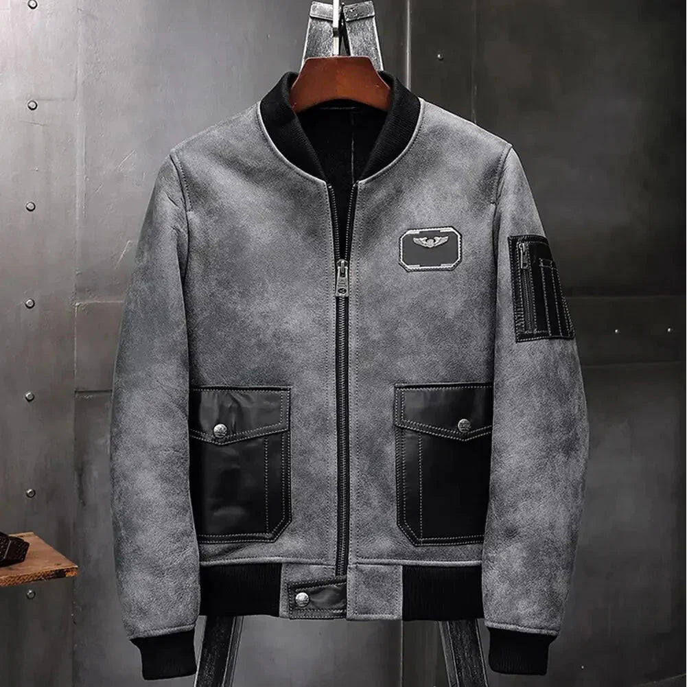 Men's Grey A2 Airforce Flight Sheepskin Shearling Motorcycle Jacket - Rare Leather