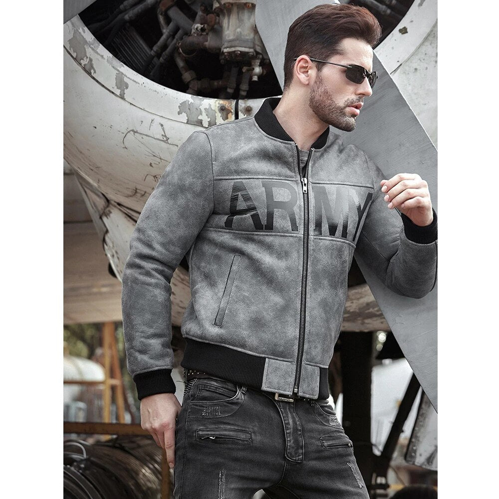 Mens Grey Sheepskin Army Shearling Bomber Jacket - Vox Leather