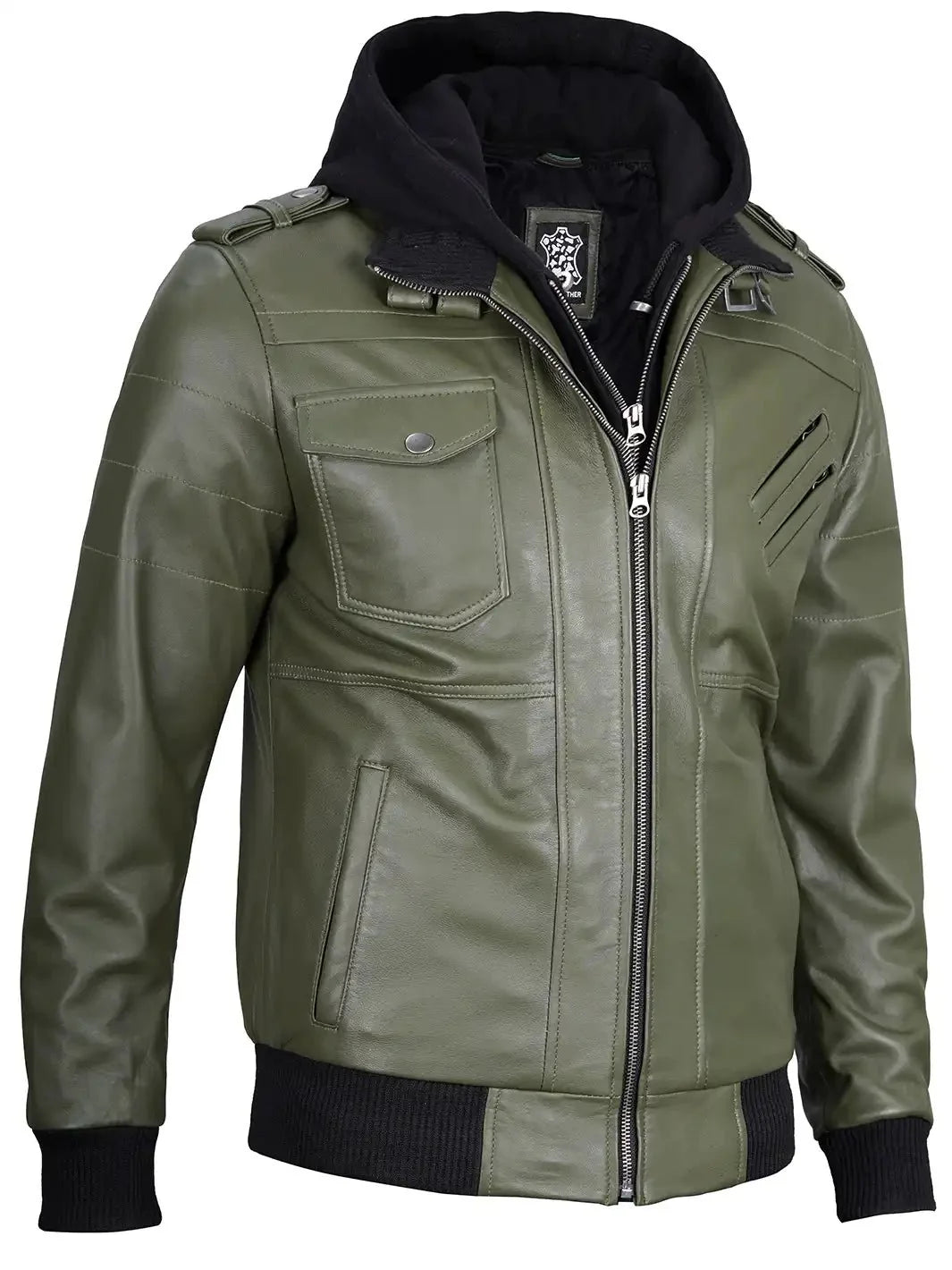 Men's Military Green Leather Jacket with Removable Hood - Rare Leather
