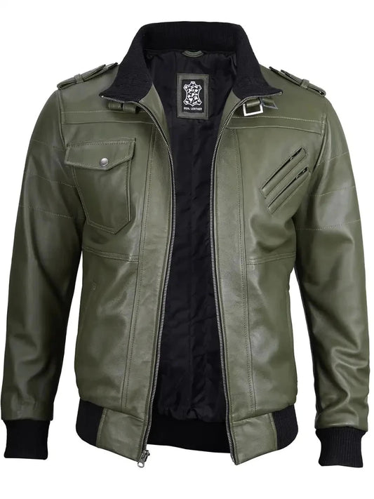 Men's Military Green Leather Jacket with Removable Hood - Vox Leather