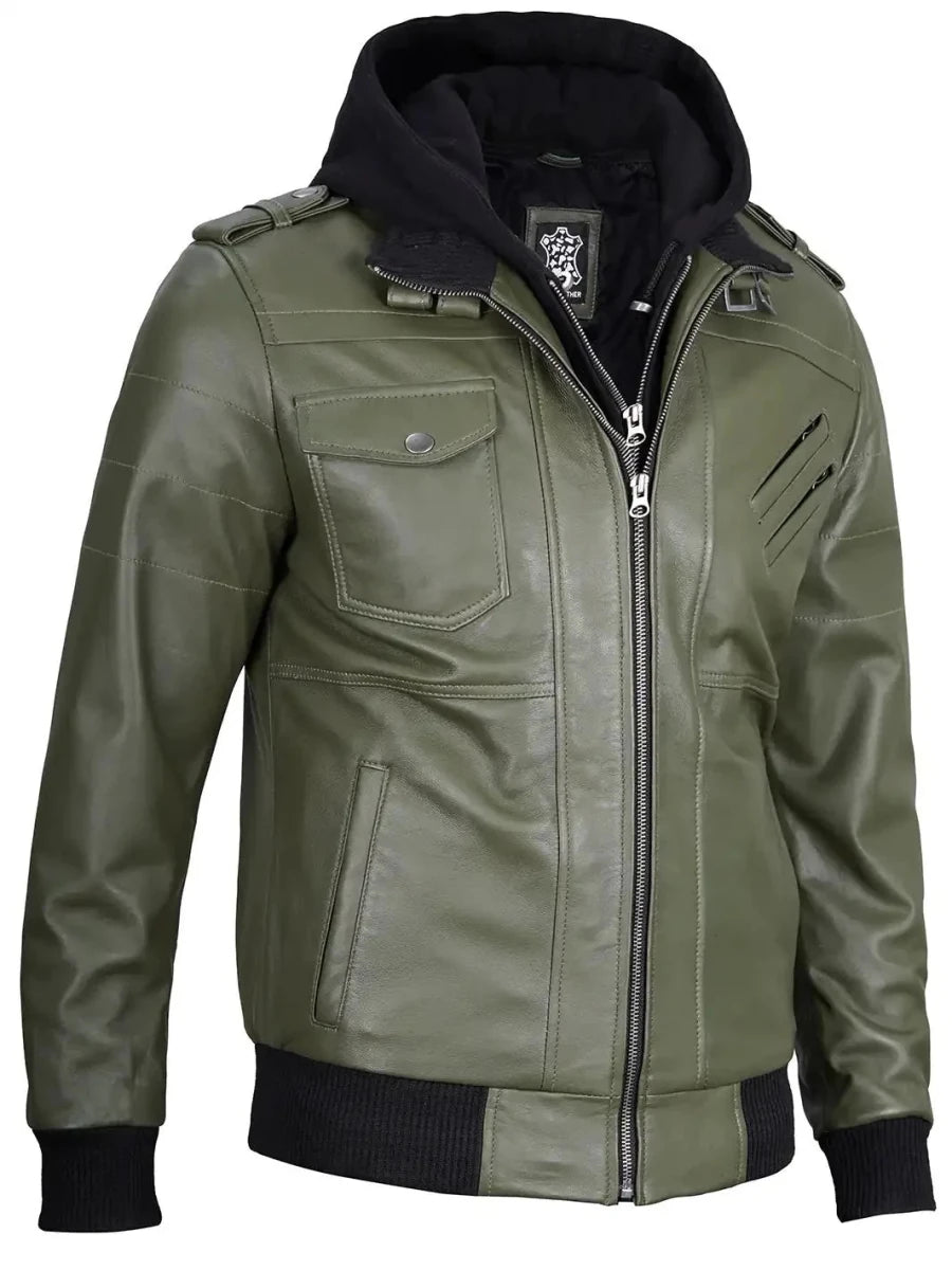 Men's Military Green Leather Jacket with Removable Hood - Vox Leather