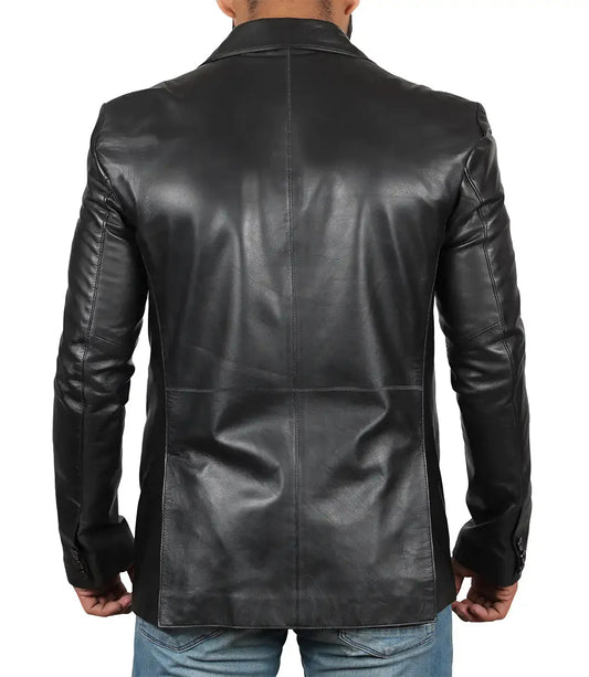 Mens Notch Lapel Two Button Black Leather Blazer - Rare Leather