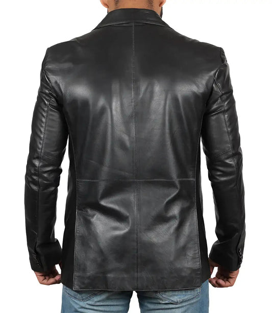 Mens Notch Lapel Two Button Black Leather Blazer - Vox Leather