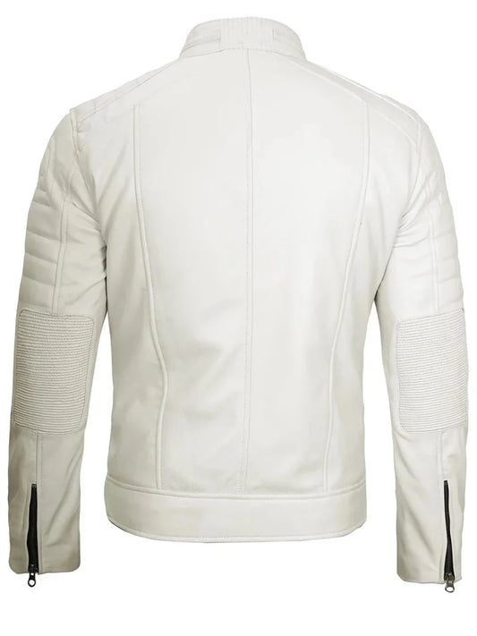 Mens Off White Cafe Racer Real Leather Jacket - Vox Leather
