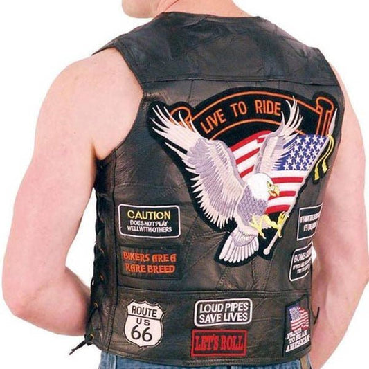 Mens Patched Motorcycle Leather Vest - Vox Leather