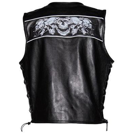 Mens Premium Leather Vest with Night Reflective Skulls - Vox Leather