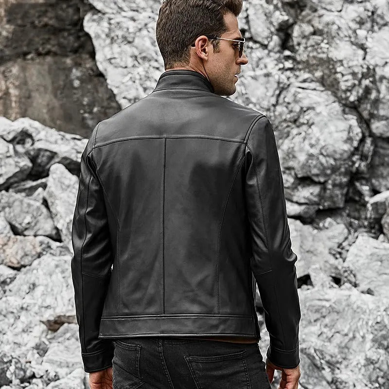 Men’s Real Black Leather Jacket with Short Standing Collar - Rare Leather