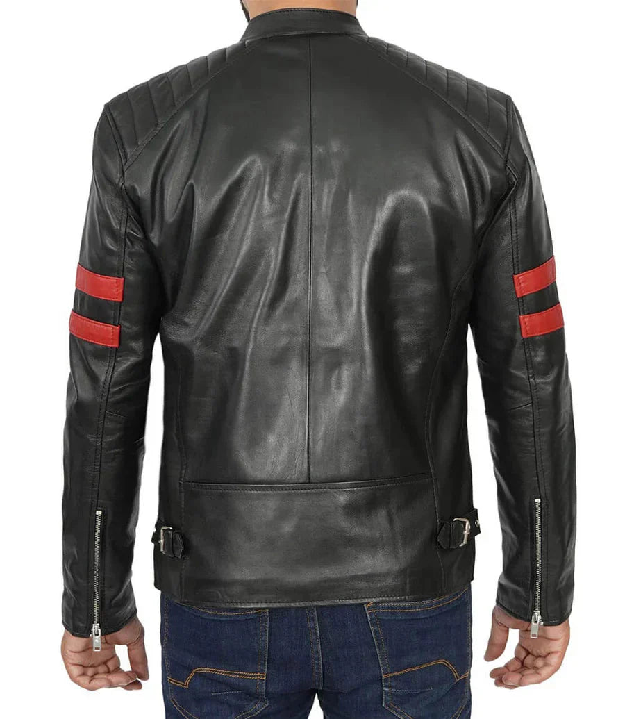 Men’s Red Stripe Cafe Racer Leather Jacket - Rare Leather