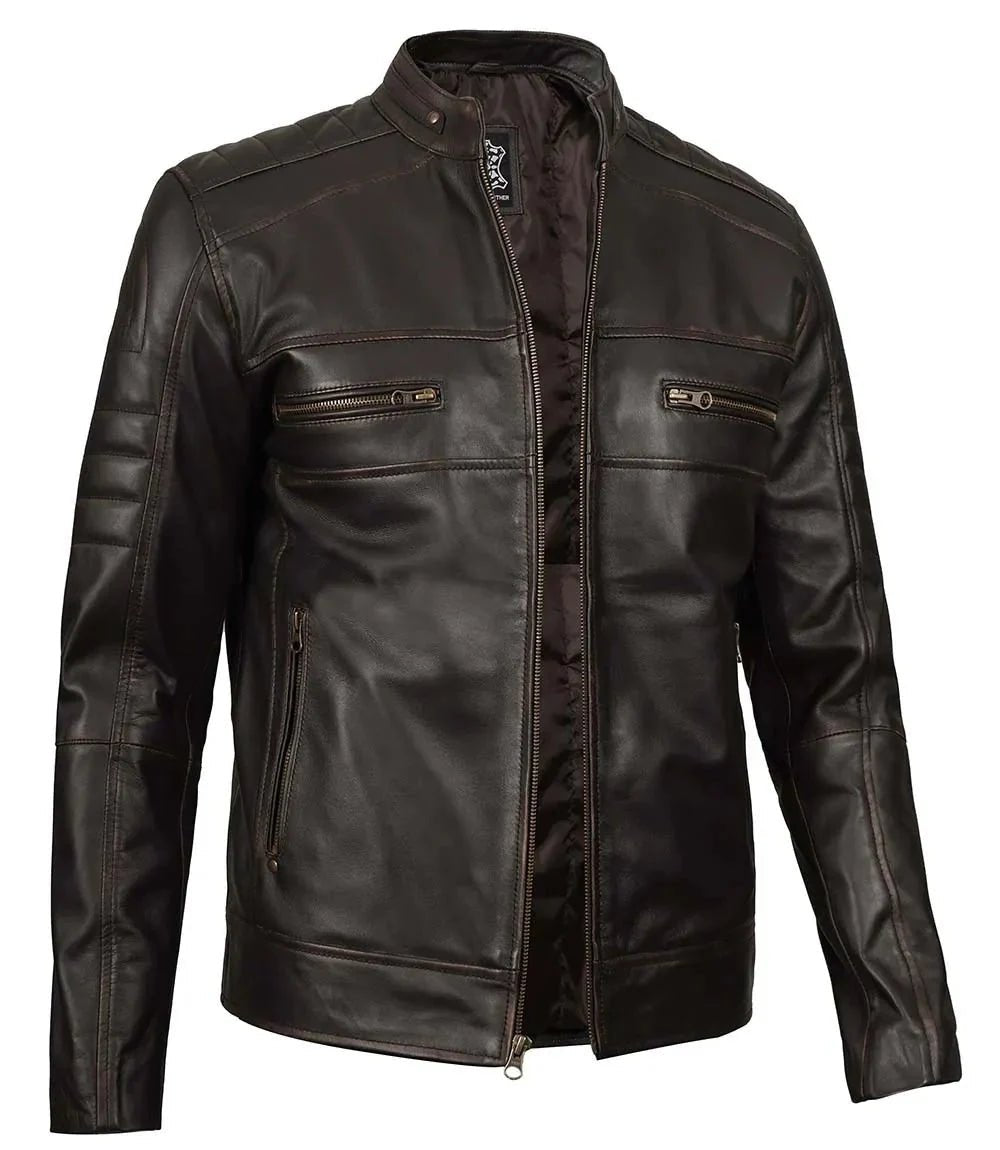 Men's Rub Off Dark Brown Cafe Racer Leather Jacket - Vox Leather