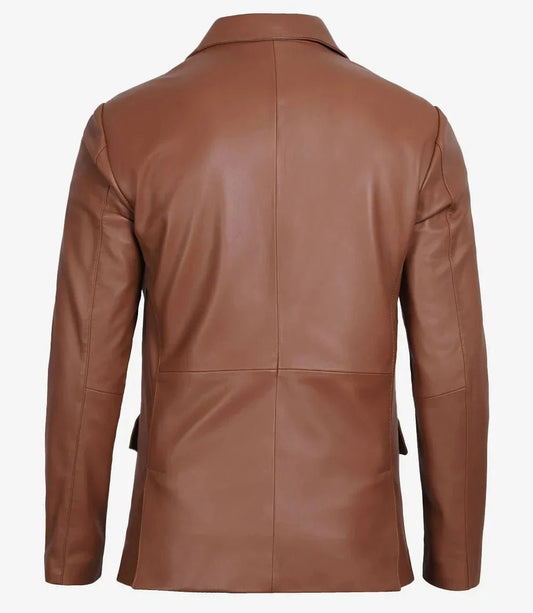 Men's Two Button Cognac Brown Leather Blazer - Vox Leather