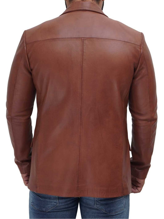 Mens Two Button Tan Brown Leather Blazer - Vox Leather