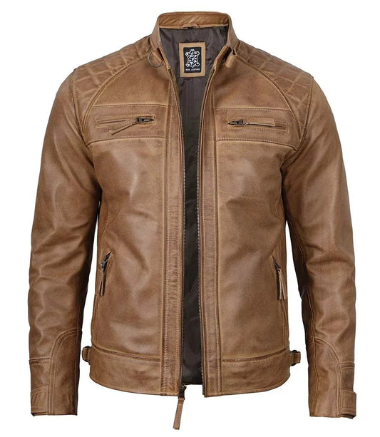Men's Waxed Camel Brown Cafe Racer Leather Jacket - Vox Leather