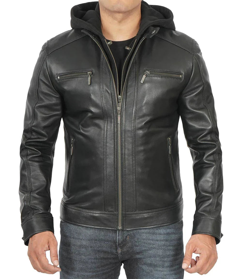 Merrill Men's Black Cafe Racer Hooded Leather Jacket - Vox Leather