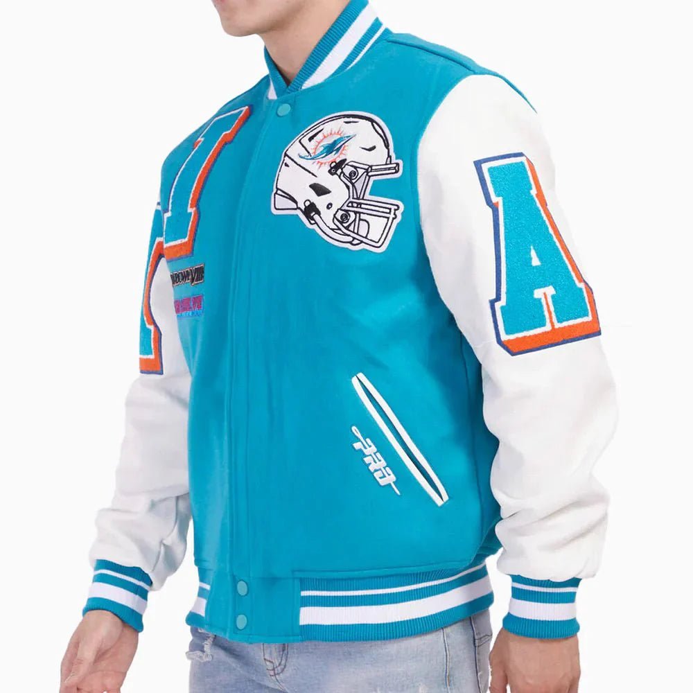Miami Dolphins NFL Mash Up Rib Wool Varsity Jacket - Vox Leather