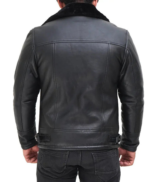 Mitchel Men's Black Shearling Leather Bomber Jacket - Vox Leather