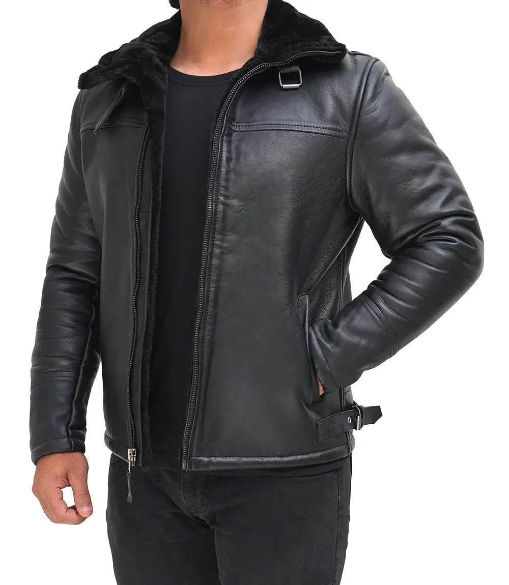 Mitchel Men's Black Shearling Leather Bomber Jacket - Vox Leather