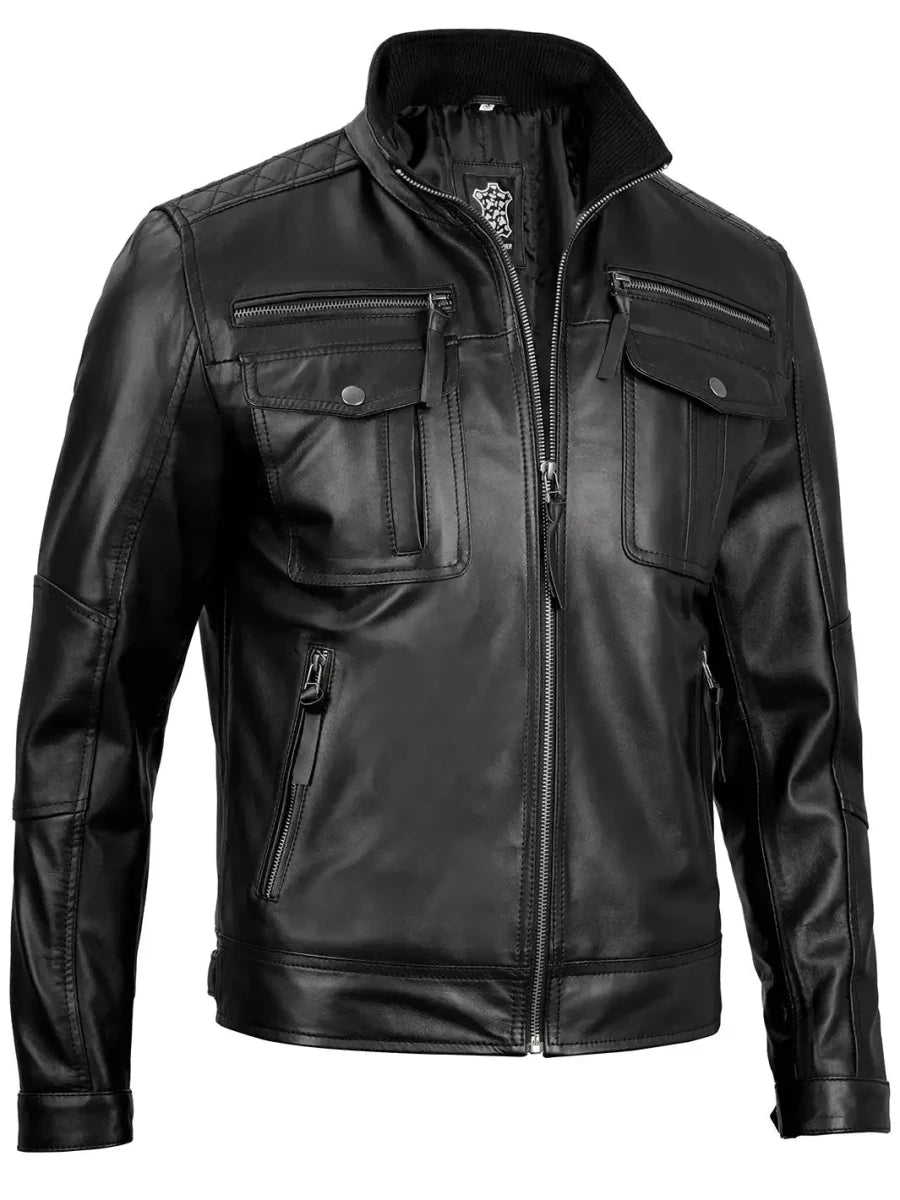 Moffit Mens Black Cafe Racer Real Leather Jacket - Vox Leather