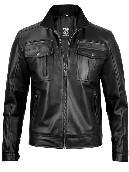Moffit Mens Black Cafe Racer Real Leather Jacket - Vox Leather