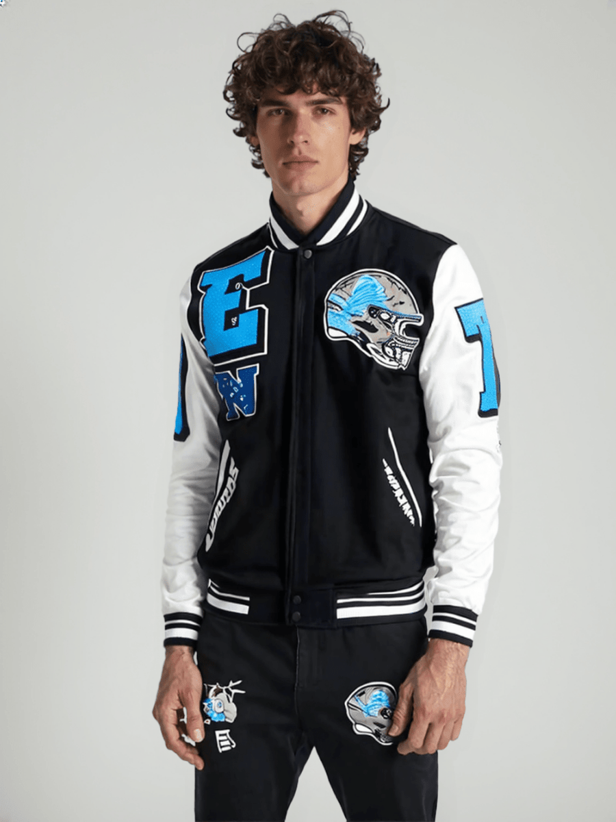 NFL Detroit Lions Mashup Men's Rib Wool Varsity Jacket - Vox Leather