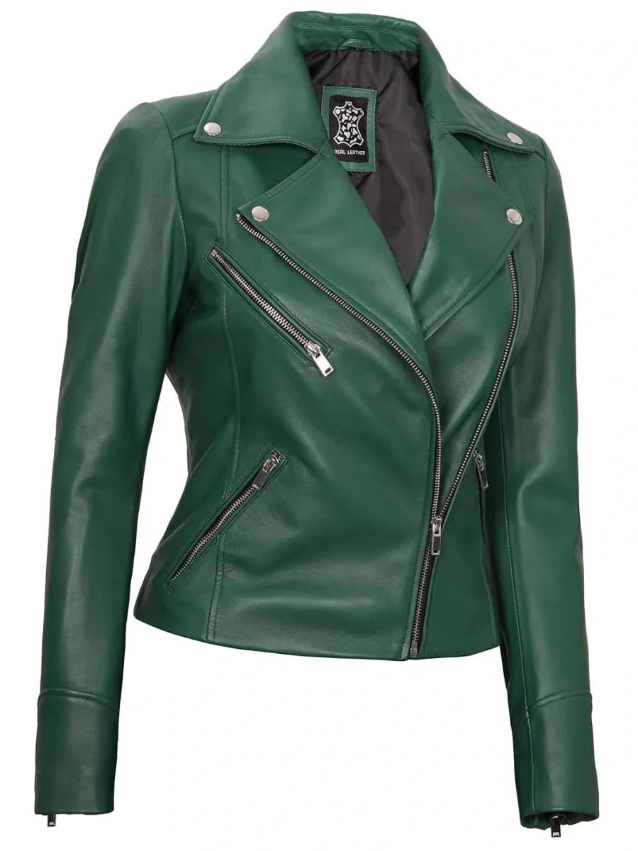 Ninfa Women's Asymmetrical Biker Green Leather Jacket - Vox Leather