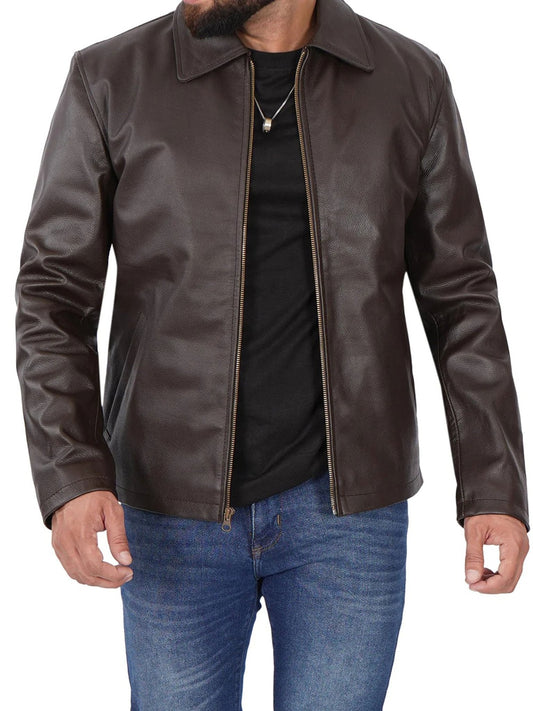 Parrish Dark Brown Shirt Collar Cowhide Mens Leather Jacket - Rare Leather