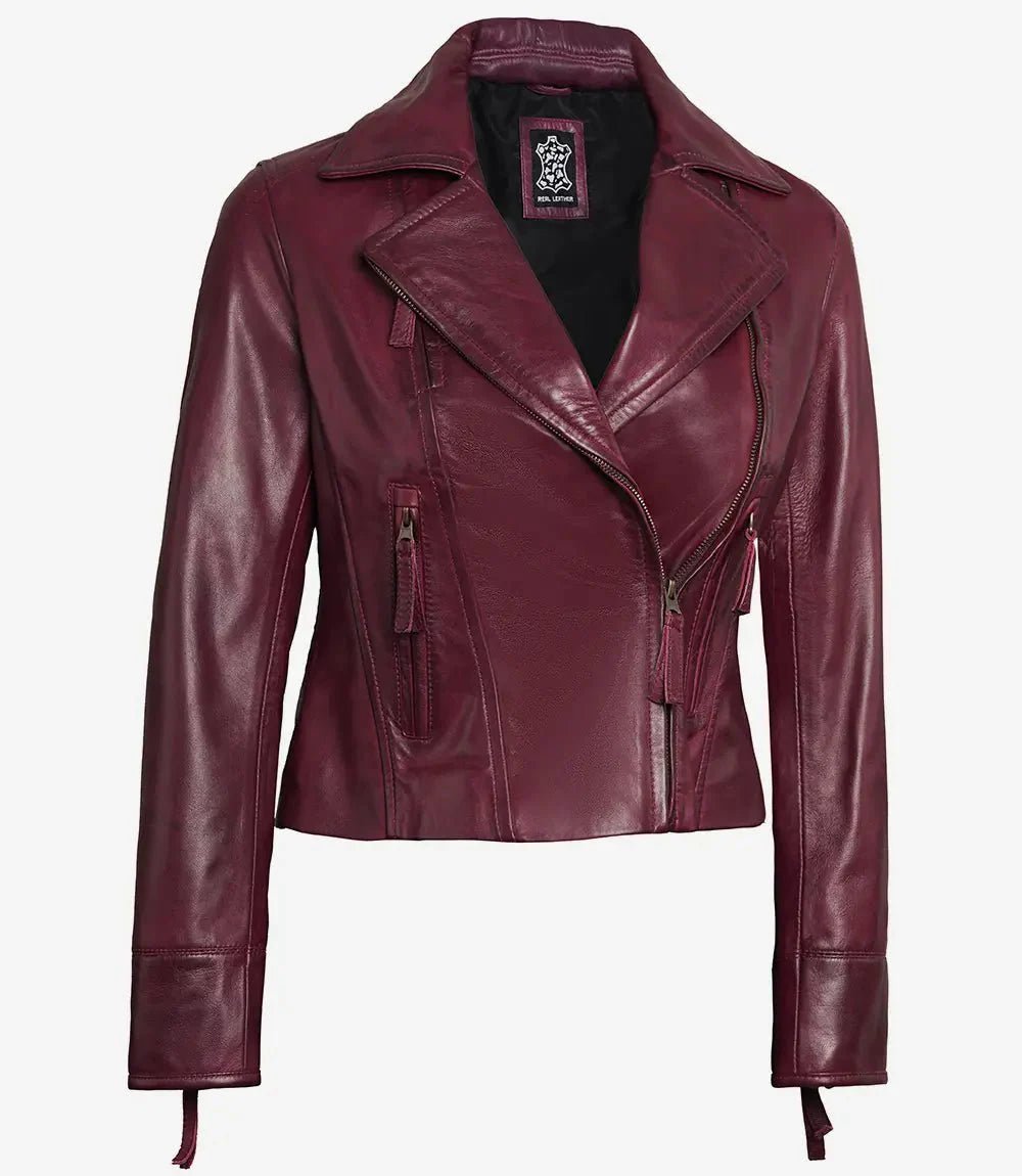 Ramsey Women's Burgundy Asymmetrical Leather Moto Jacket - Vox Leather