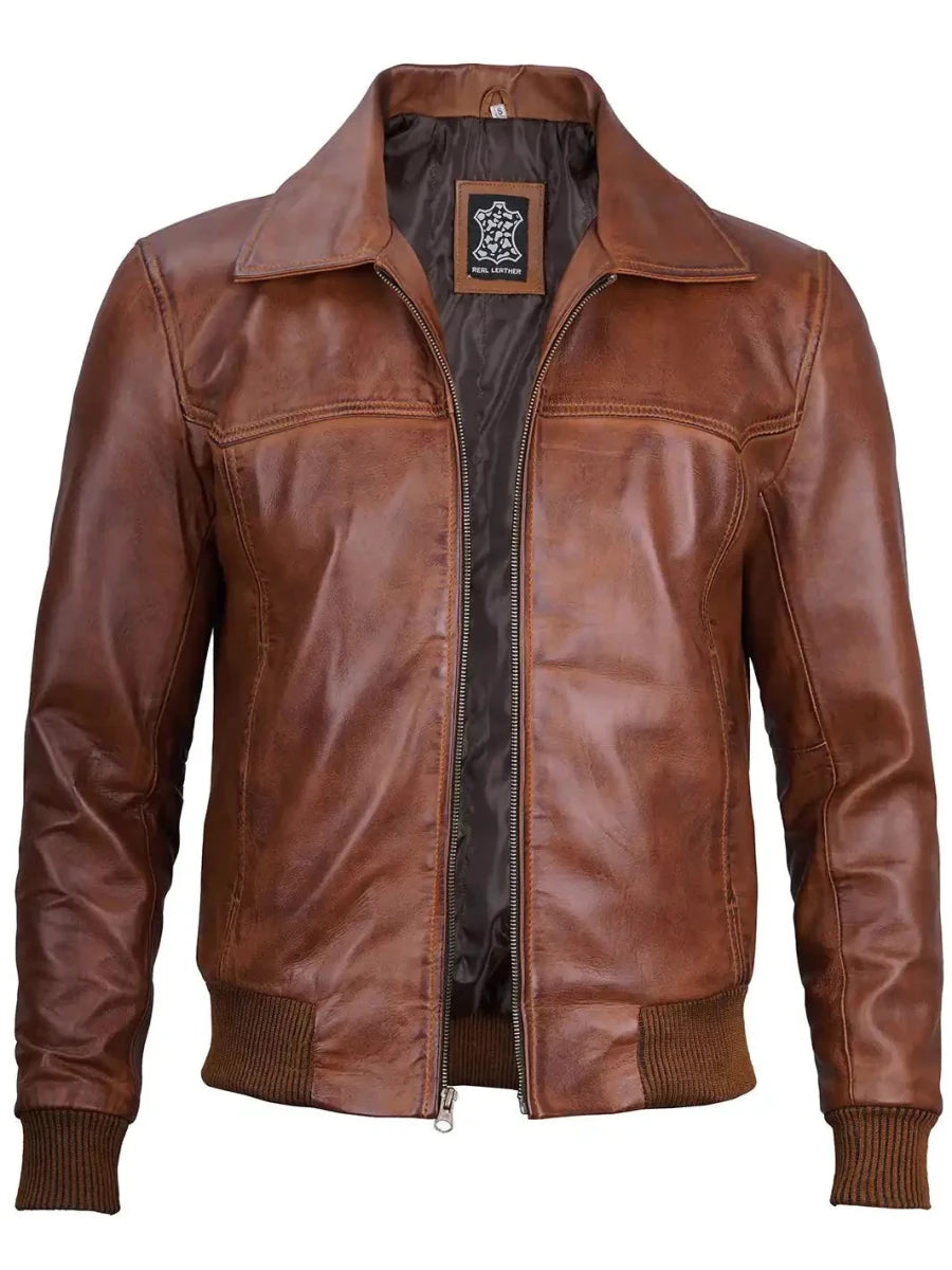 Steven Men's Distressed Brown Bomber Leather Jacket - Vox Leather