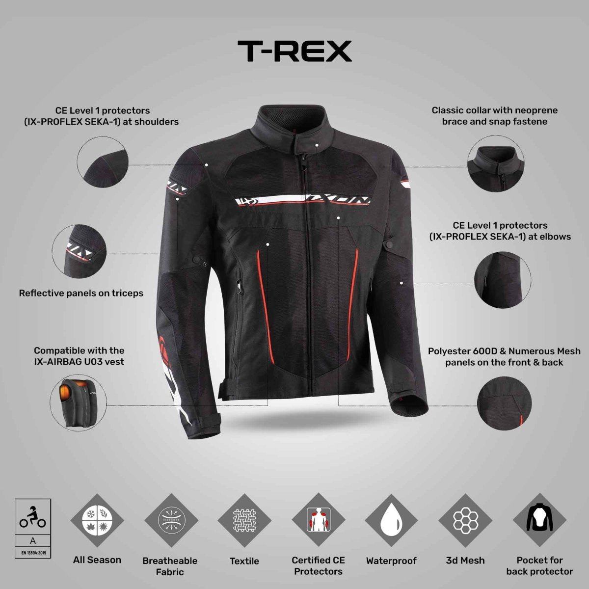 T-Rex - All Weather Riding Jacket (Black/White/Red) - Vox Leather