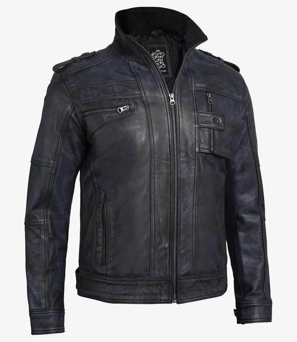 Tavares Mens Waxed Black Leather Biker Jacket - Vox Leather