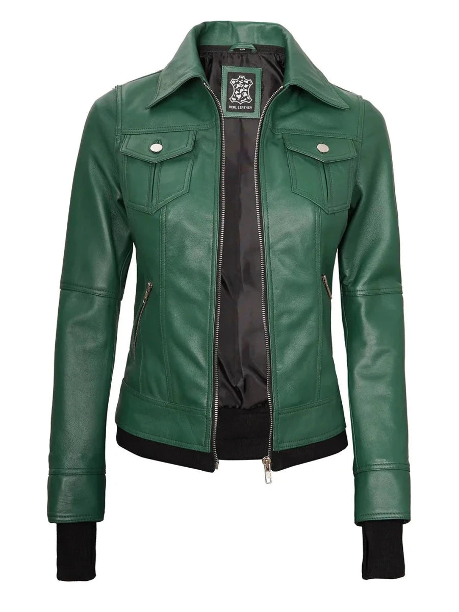 Tralee Women's Green Real Leather Jacket with Hood - Vox Leather