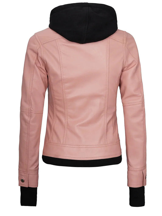 Tralee Women's Pink Leather Motorcycle Jacket with Hood - Rare Leather