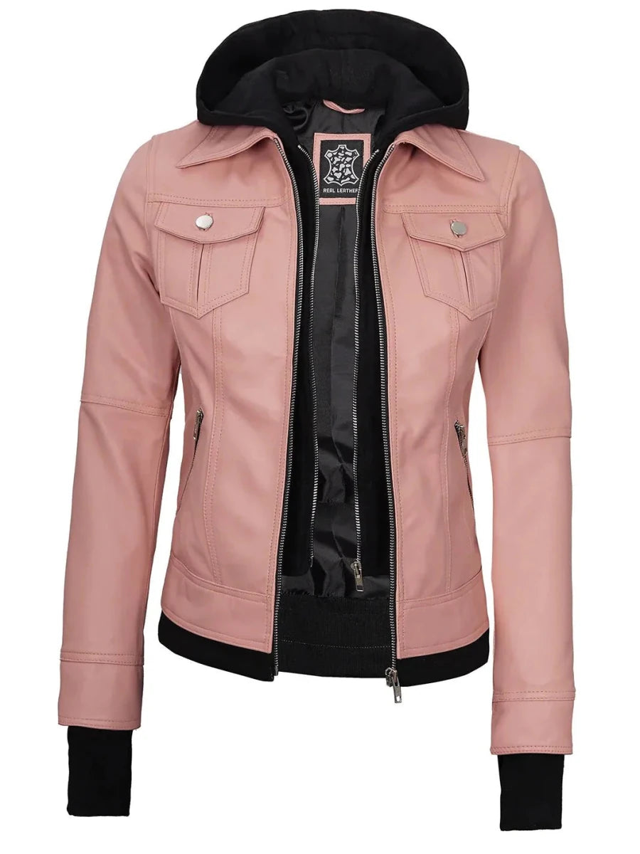 Tralee Women's Pink Leather Motorcycle Jacket with Hood - Vox Leather