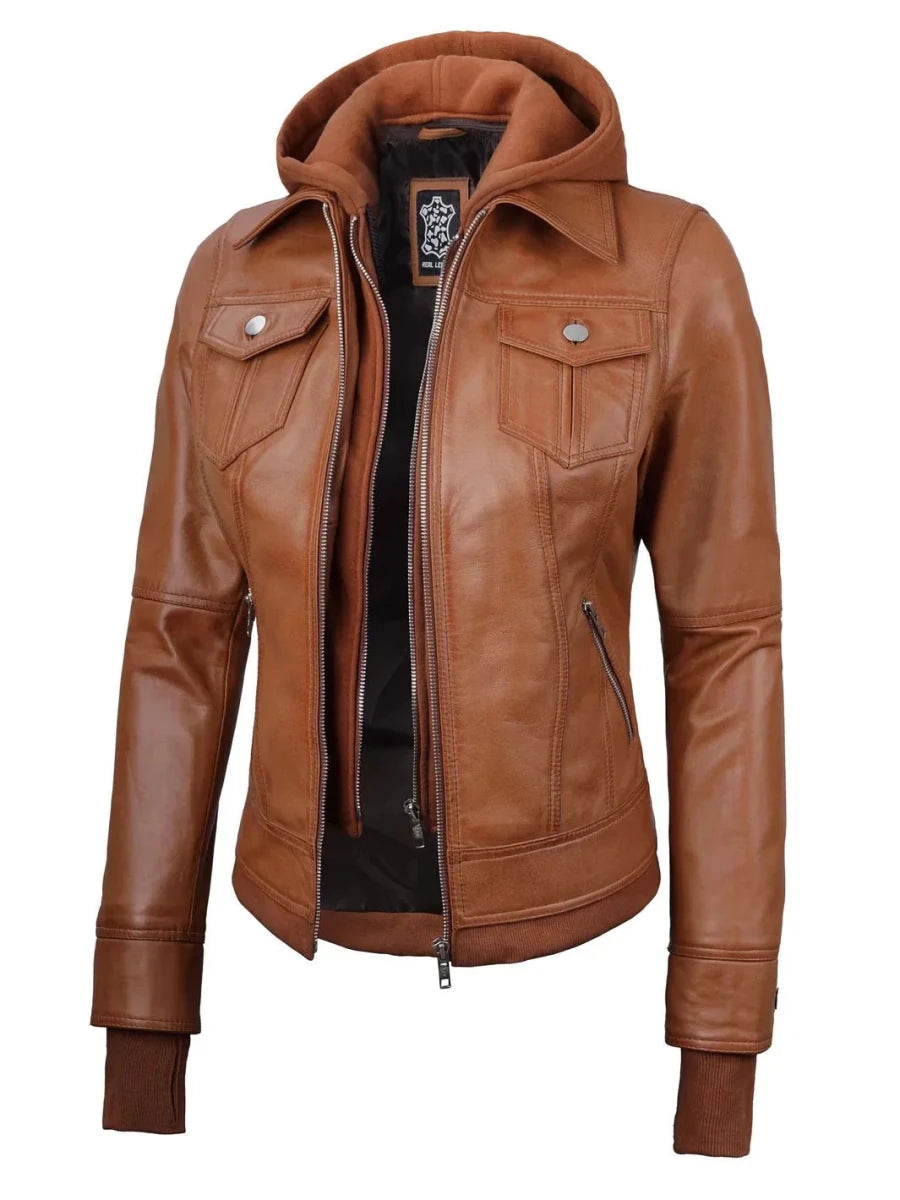 Tralee Womens Tan Wax Bomber Leather Jacket With Removable Hood - Vox Leather