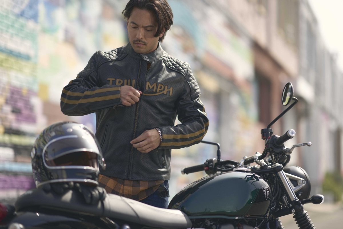 Triumph Braddan Gold Retro Air Race Black Leather Jacket - Vox Leather
