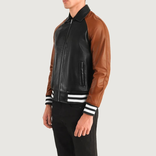 Walton Black & Brown Leather Varsity Jacket - Vox Leather