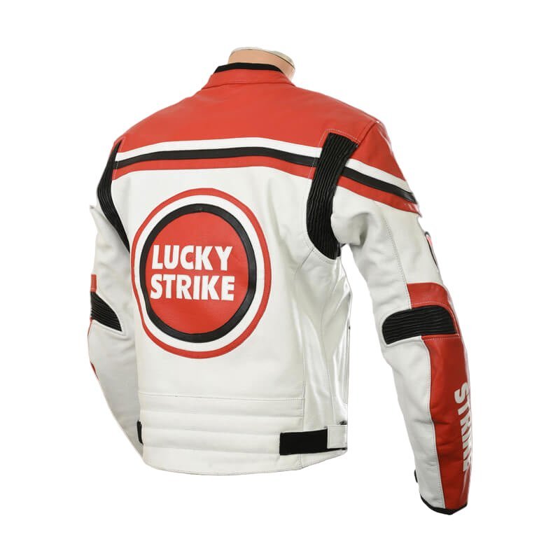 White & Red Lucky Strike Leather Biker Jacket - Vox Leather