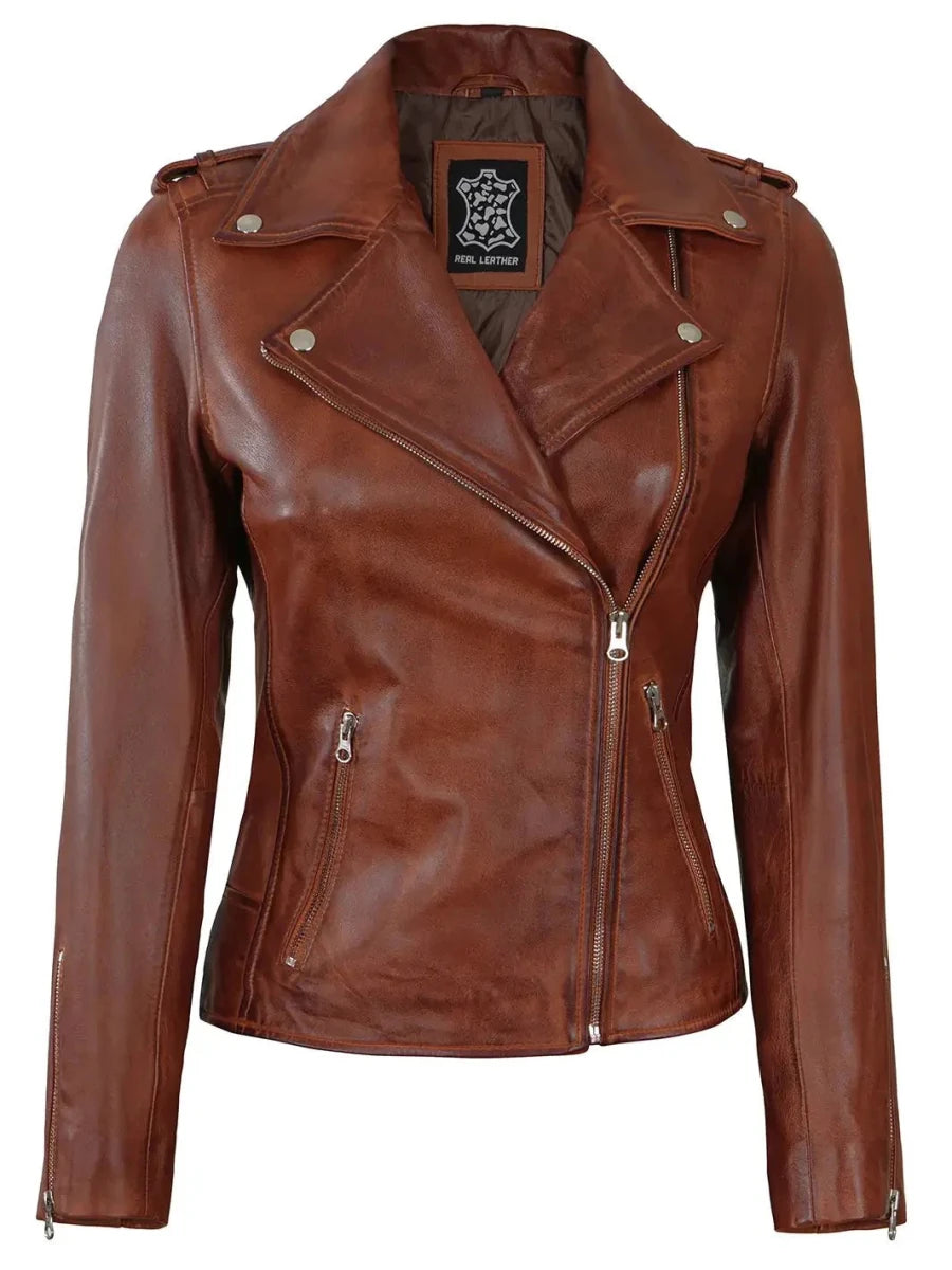 Women Asymmetrical Cognac Brown Motorcycle Leather Jacket - Vox Leather