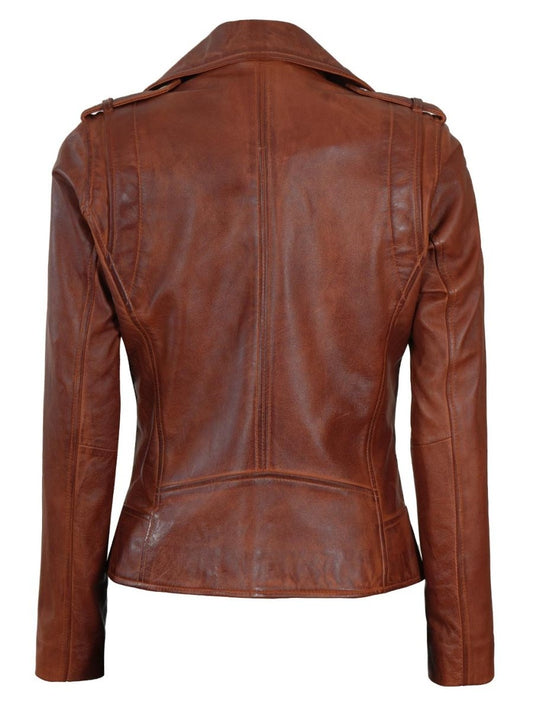 Women Asymmetrical Cognac Brown Motorcycle Leather Jacket - Vox Leather