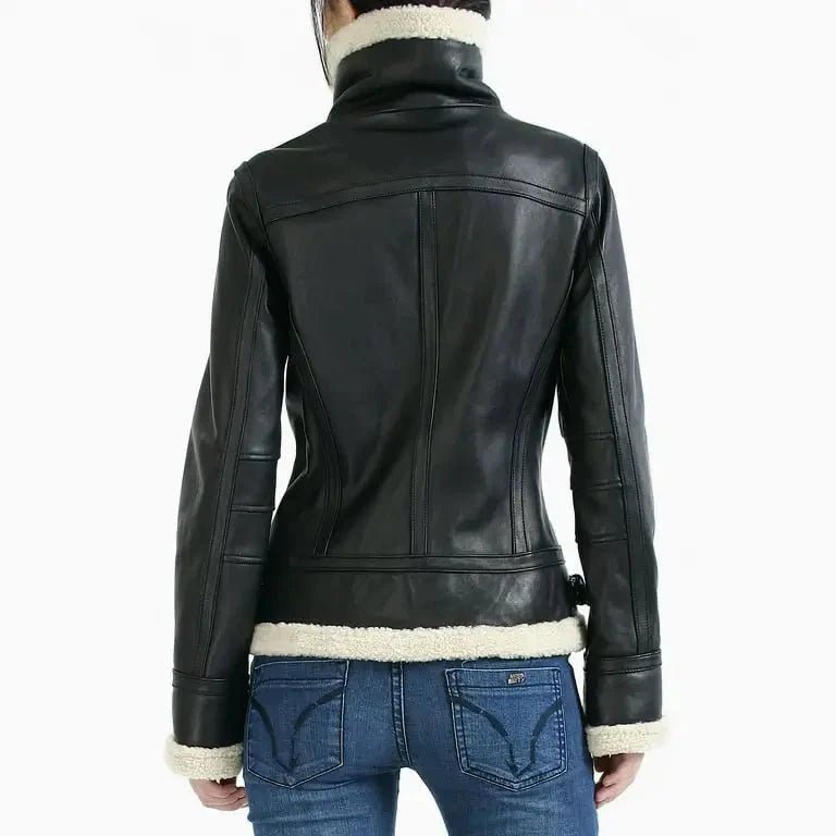 Women B3 Bomber Black Sheepskin Shearling Leather Jacket - Vox Leather