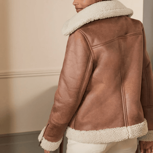 Women Brown Sheepskin Shearling Leather Aviator Jacket - Vox Leather