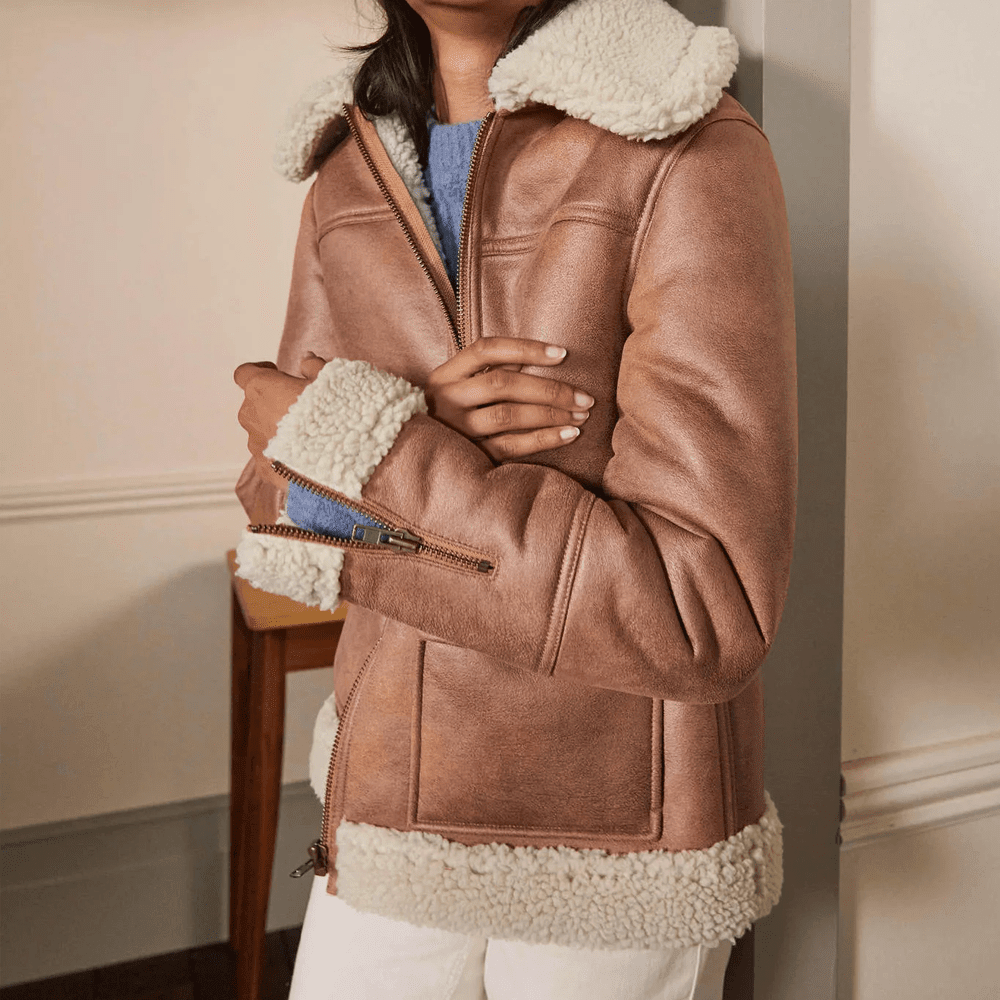 Women Brown Sheepskin Shearling Leather Aviator Jacket - Vox Leather