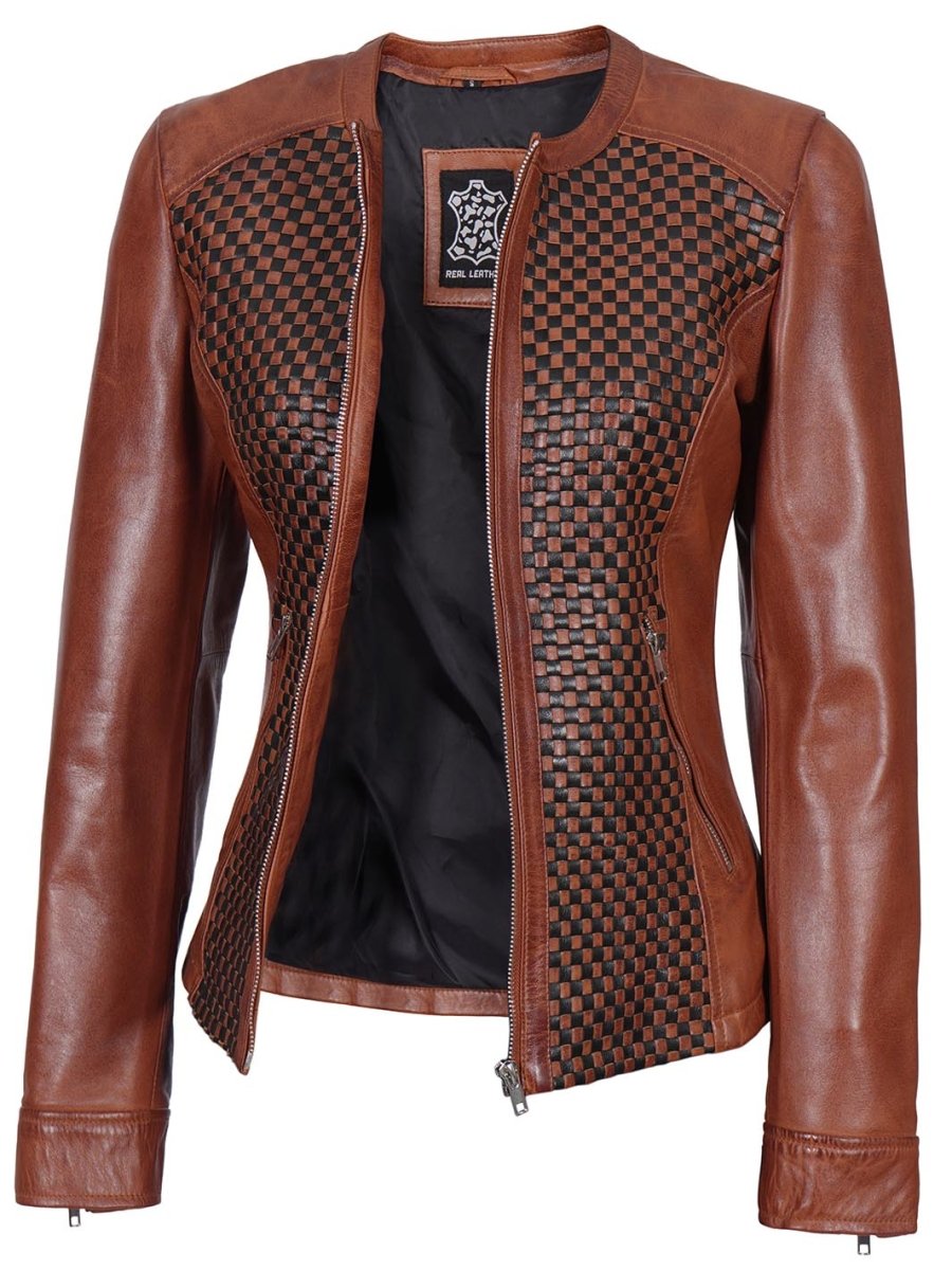 Women Brown Textured Cafe Racer Leather Jacket - Vox Leather