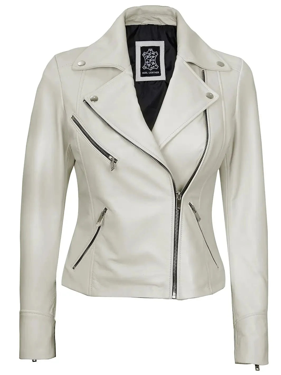 Women Moto Style Off White Real Leather Jacket - Rare Leather